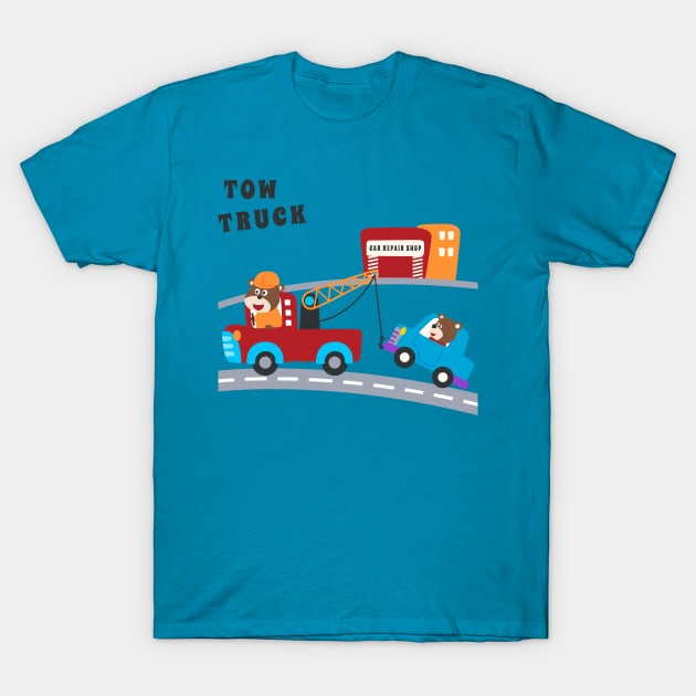 Vector illustration of tow truck cartoon with funny driver T-Shirt by KIDS APPAREL
